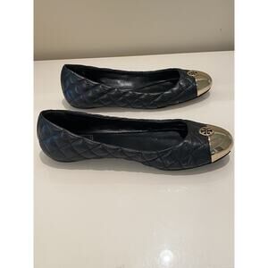Tory Burch Sz 6.5 Kaitlin Flats Shoes Black Women’s Quilted Leather Gold Cap